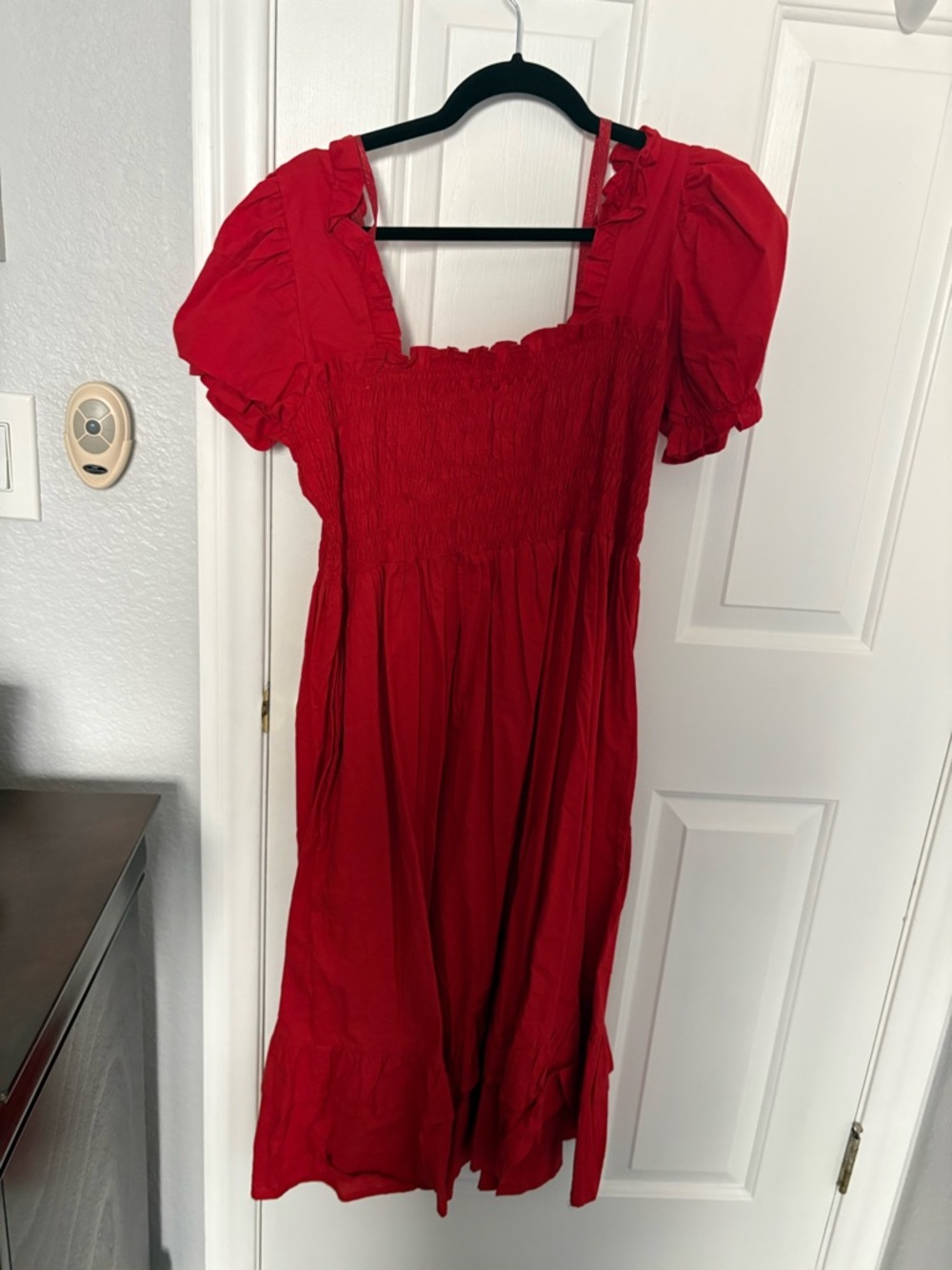 Red Puff Sleeve Smocked Midi Dress